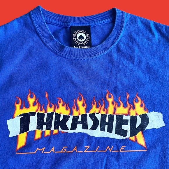 Thrasher Magazine Ripped Flame Flaming Tear Logo Short Sleeve T-Shirt in Blue - Picture 2 of 5